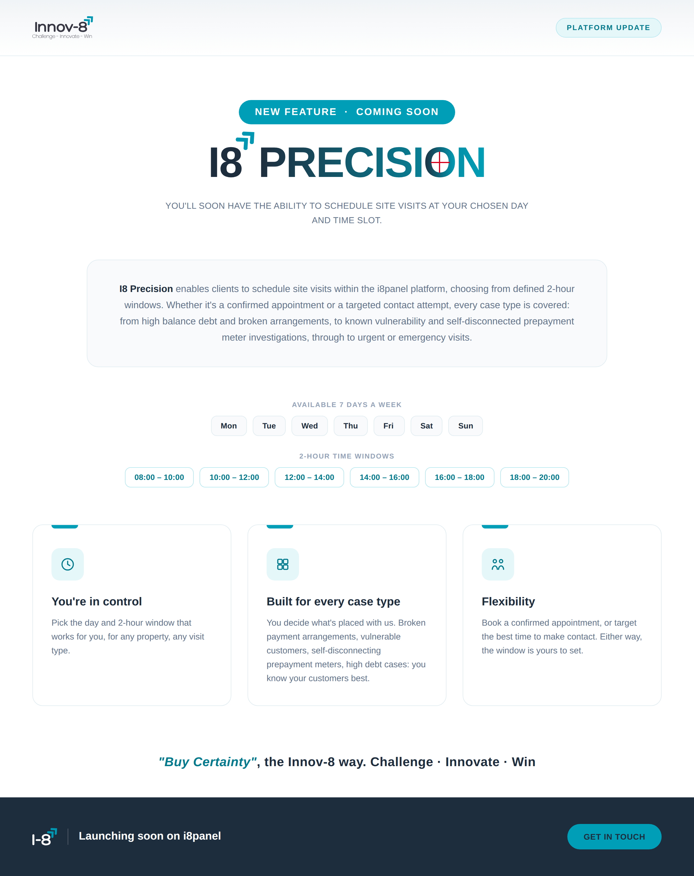 i8 Precision: schedule site visits in 2-hour windows from 08:00 to 20:00, seven days a week. Three benefits are listed — you're in control of the day and window, it is built for every case type, and it supports both confirmed appointments and targeted contact attempts.